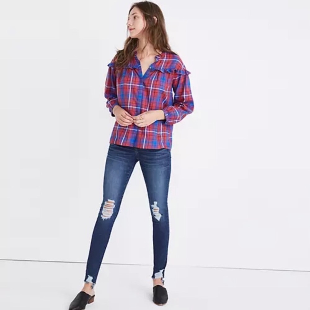 Madewell Ruffle Plaid Flannel Button Down Top Size Small
